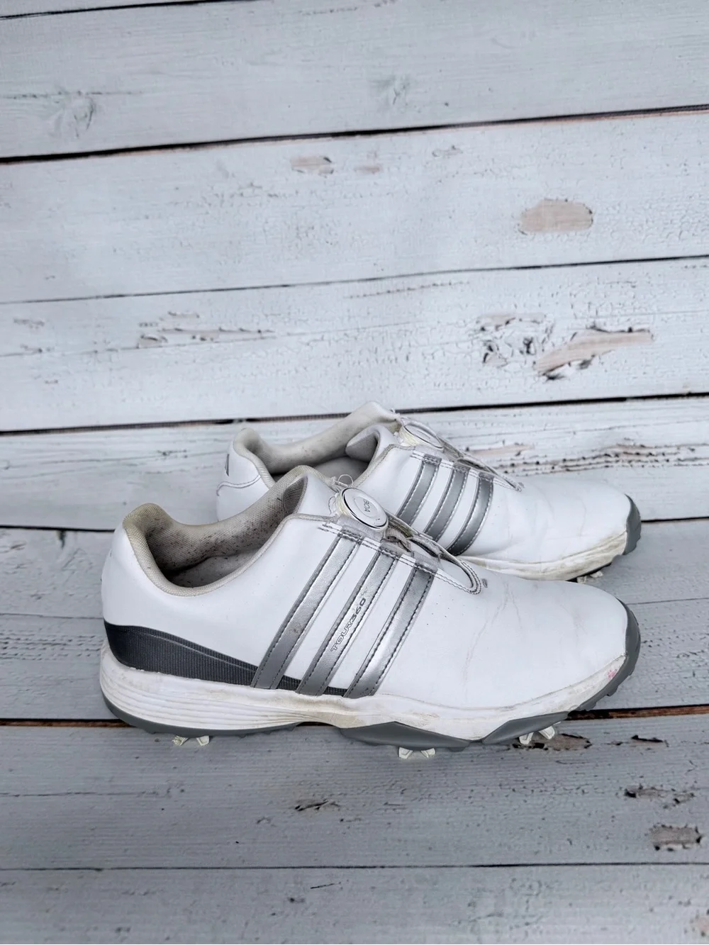adidas Youth Tour360 24 BOA Spiked Golf Shoes White Silver - Size 7